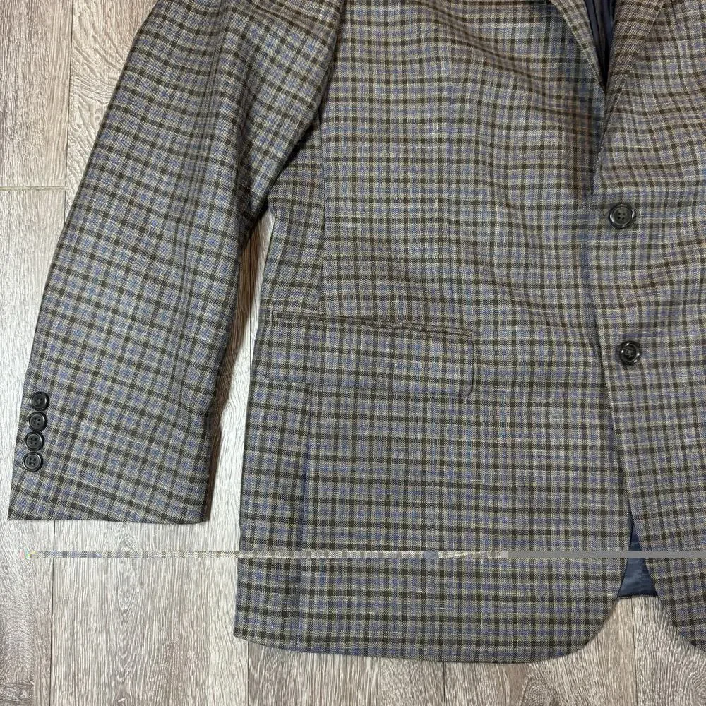 Hickey Freeman 46R Gingham Check Linen Wool Blend Blazer Sport Coat Brown Blue